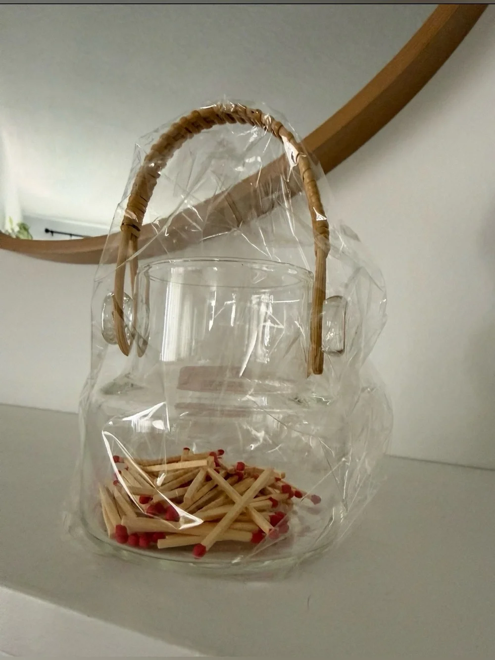 Vintage Glass Container w/ Woven Handle in Clear Bag Matches w/ Strike on Bottom
